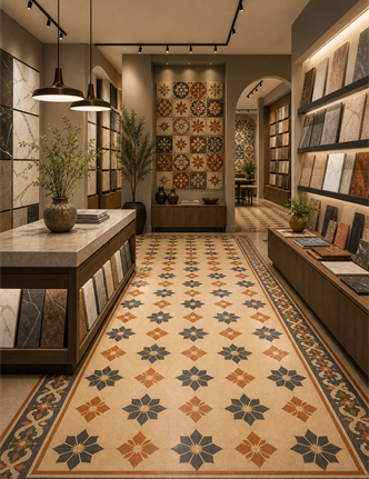 Retail showroom with Athangudi tile displays