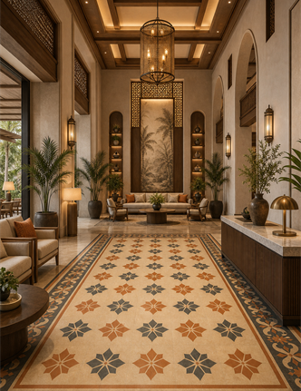 Hospitality lobby with Athangudi tile design