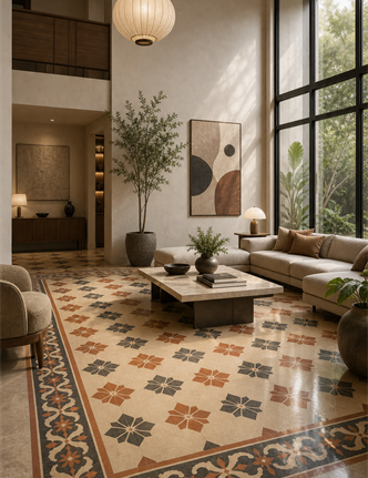 Contemporary living space with Athangudi tiles