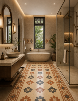 Luxury bathroom with Athangudi tiles